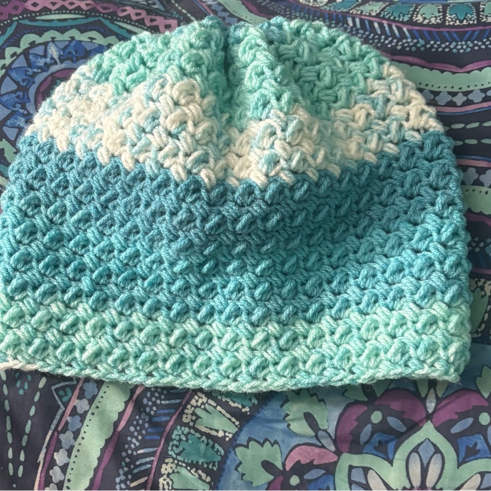 Hand-Crocheted Gradient Beanie in Aqua and white